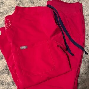 Figs Bright Red Scrub Pants with Navy Accents